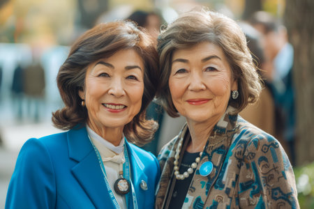Elegant Senior Women Smiling Outdoors in Autumn Park, Friends Enjoying Golden Years Together AI Generativeの素材