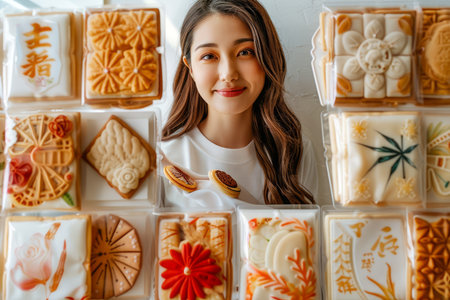 Happy Young Woman with Diverse Assortment of Traditional Mooncakes Celebrating Mid Autumn Festival AI Generativeの素材