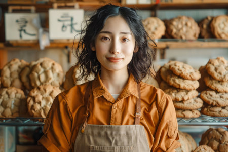 Young Asian Female Baker Smiling in Front of Artisanal Bread Display in a Rustic Bakery Shop AI Generativeの素材