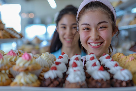 Smiling Bakery Workers Presenting Fresh Pastries and Desserts at Local Pastry Shop AI Generativeの素材