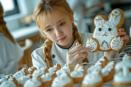 Young Woman Decorating Cute Bunny Shaped Cookies with Icing in Bright Kitchen AI Generativeの素材