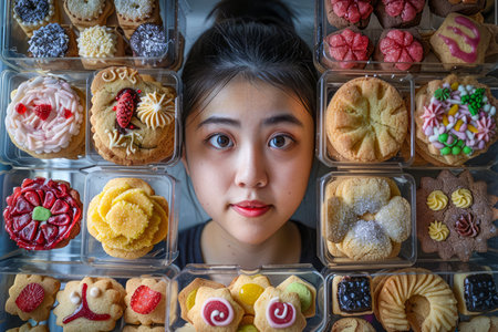 Young Woman Surrounded by Diverse Assortment of Colorful Pastries and Desserts in a Symmetrical Arrangement, Looking Up with a Delighted Expression AI Generativeの素材
