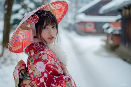 Beautiful Young Woman in Traditional Japanese Kimono and Umbrella in Snowy Village Landscape AI Generativeの素材