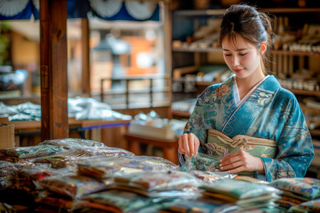 Young Woman in Traditional Japanese Kimono Browsing Through Books in a Rustic Shop AI Generativeの素材