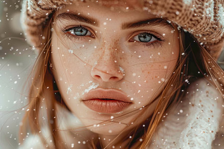 Portrait of a Young Woman with Blue Eyes in Winter Clothing Under Falling Snowflakes Natural Light, High Detail Photography for Seasonal Projects AI Generativeの素材
