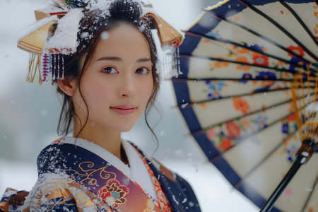 Traditional Asian Woman in Kimono Holding Umbrella in Snowy Landscape AI Generativeの素材