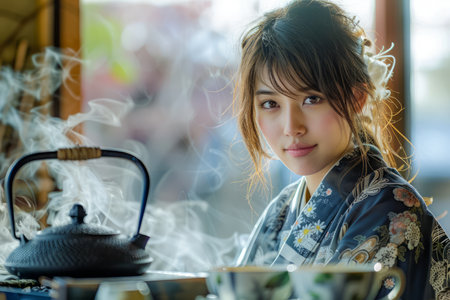 Serene Young Woman in Traditional Kimono Enjoying Tea Ceremony with Steam Rising from Iron Teapot AI Generativeの素材