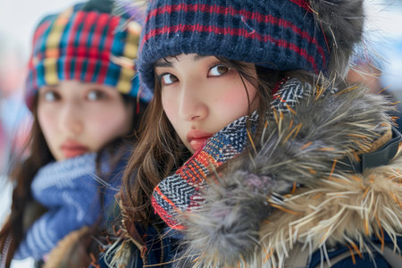 Two Young Women Wearing Winter Fashion Accessories in Snowy Environment, Friends Enjoying Cold Weather Together, Stylish Plaid Hats and Scarves AI Generativeの素材