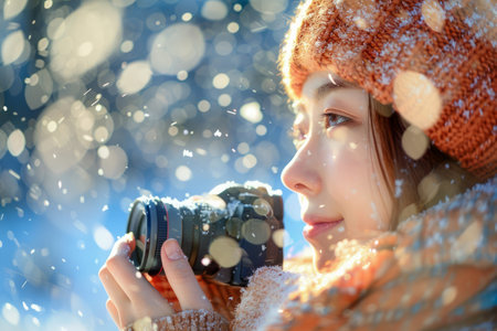 Young Female Photographer Captures Winter Wonderland, Sunlight Sparkling on Snow Flakes AI Generativeの素材