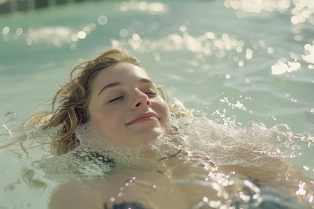 Serene Young Woman Enjoying a Relaxing Swim in Glistening Sunlit Water AI Generativeの素材