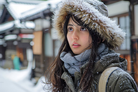 Young Woman in Winter Attire Contemplating on a Snowy Street in a Traditional Town AI Generativeの素材