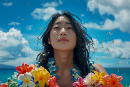 Young Asian Woman Enjoying Serenity on Tropical Beach with Colorful Flowers and Blue Sky AI Generativeの素材