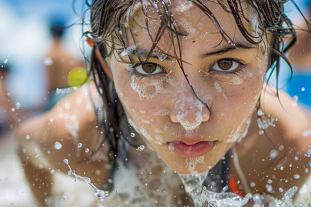 Close Up Portrait of a Young Woman with Water Splashes on Face During Sunny Summer Day AI Generativeの素材