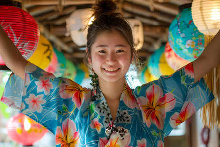 Young Woman Celebrating Summer Festival Holding Colorful Paper Lanterns in Traditional Japanese Yukata AI Generativeの素材