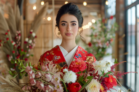 Elegant Woman in Traditional Asian Red Dress Holding a Bouquet of Flowers Inside a Restaurant AI Generativeの素材