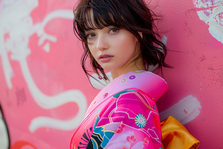 Stylish young woman in vibrant pink jacket with Japanese pattern posing against urban wall with graffiti AI Generativeの素材