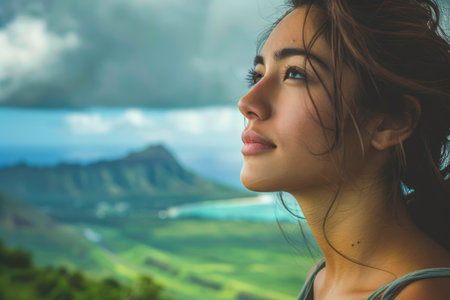 Serene Young Woman Enjoying Scenic Tropical Landscape View, Peaceful Traveler Contemplating Nature AI Generativeの素材