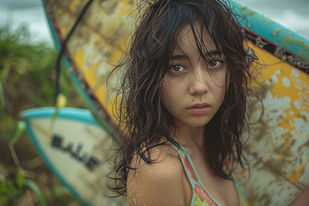 Young Female Surfer with Wetsuit Holding Surfboard Near Tropical Beach Under Overcast Sky AI Generativeの素材