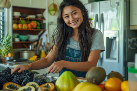Smiling Young Woman Preparing Fresh Fruits in a Bright Home Kitchen, Healthy Eating Lifestyle Concept AI Generativeの素材
