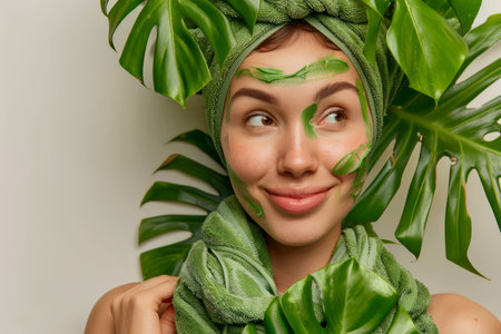 Young Woman with Green Leaves and Natural Facial Mask Posing for Wellness and Skincare Concept on a Neutral Background AI Generativeの素材