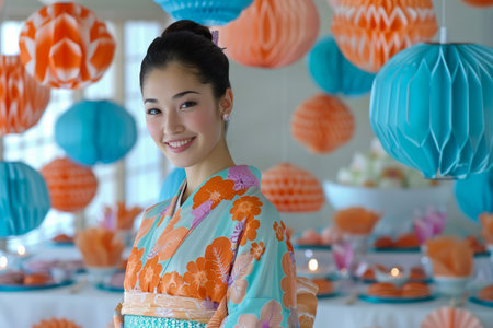 Smiling Woman in Traditional Japanese Kimono Celebrating with Orange and Blue Paper Lanterns Background AI Generativeの素材