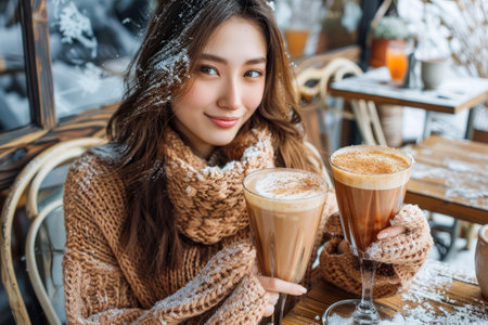 Smiling Young Woman in Knit Sweater Enjoying Coffee at Cozy Cafe with Snowy Window Background AI Generativeの素材