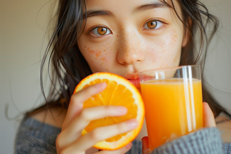 Close up Portrait of Young Woman with Fresh Orange and Glass of Orange Juice, Healthy Lifestyle Concept, Vitamin C Boost, Morning Routine AI Generativeの素材