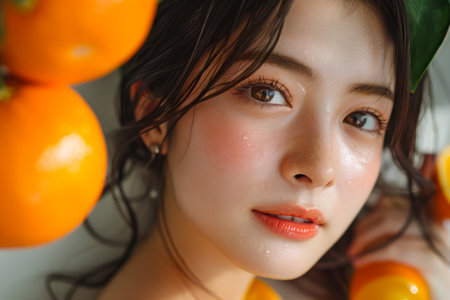 Close up Portrait of a Young Woman with Fresh Oranges, Natural Beauty and Healthy Lifestyle Concept AI Generativeの素材