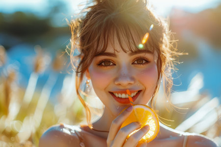 Radiant Young Woman Enjoying a Sunny Day Outdoors Holding a Sliced Orange, With Sun Flares and Nature in the Background AI Generativeの素材