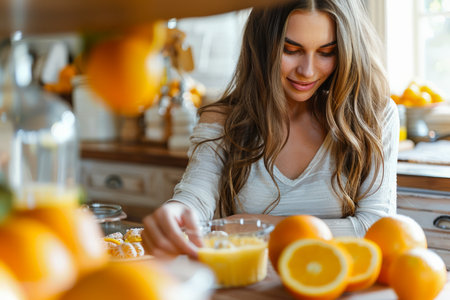 Young Woman Preparing Fresh Orange Juice in Sunny Home Kitchen Healthy Lifestyle Concept AI Generativeの素材