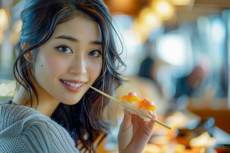 Smiling Young Woman Enjoying Sushi Roll in a Warmly Lit Cozy Restaurant Ambiance AI Generativeの素材