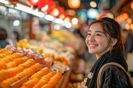 Smiling Young Woman Enjoying the Vibrant Atmosphere of a Bustling Indoor Food Market with Colorful Fruit Stalls AI Generativeの素材
