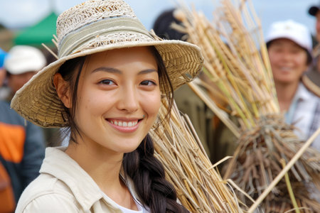 Smiling Young Asian Woman in Straw Hat Holding Wheat at Harvest Time with People in Background AI Generativeの素材