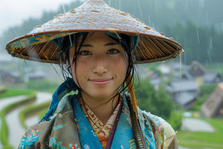 Young Woman in Traditional Asian Attire Smiling Under Rain with Bamboo Hat and Rustic Village Background AI Generativeの素材