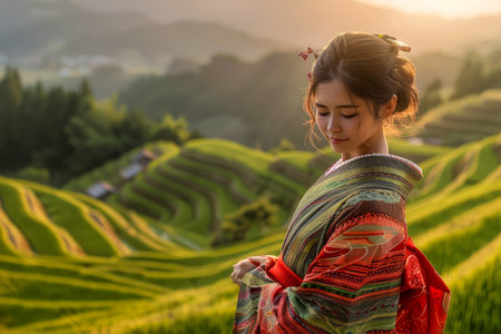 Tranquil Woman in Traditional Dress Enjoying Scenic Rice Terraces at Sunset AI Generativeの素材