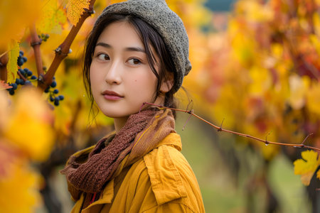 Young Asian Woman Enjoying Serene Autumn Day in Vineyard, Golden Leaves and Berries Backdrop AI Generativeの素材