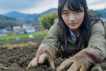 Young Woman Working in Rural Farm Fields, Agricultural Worker Portrait, Outdoor Natural Landscape AI Generativeの素材