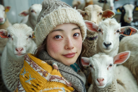 Young Woman in Knit Hat and Scarf Smiling Amongst Flock of Sheep in Cozy Winter Setting AI Generativeの素材