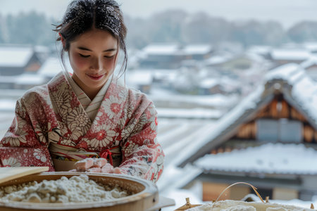 Young Woman in Traditional Japanese Kimono Preparing Rice with Snowy Village Background AI Generativeの素材