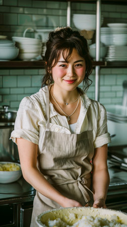 Smiling Asian Woman in Apron Standing in Kitchen Preparing Food with Shelves of Dishes in the Background AI Generativeの素材