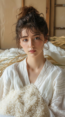 Serene Young Woman in White Holding a Bouquet with Rustic Background, Ethereal Beauty Potrait AI Generativeの素材
