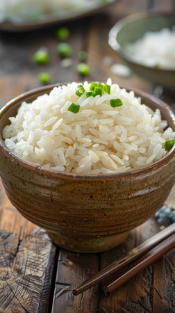 Steamed Jasmine Rice in Ceramic Bowl with Chopsticks on Wooden Table, Asian Cuisine, Healthy Eating AI Generativeの素材