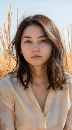 Serene Young Woman in a Beige Blouse Poses in Front of Golden Wheat Field Under Blue Sky AI Generativeの素材