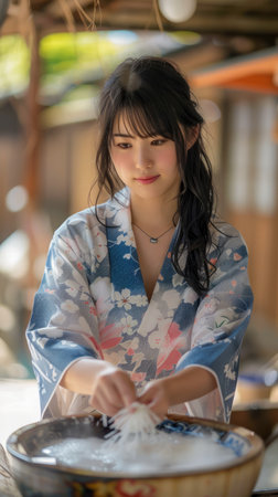 Young Woman in Traditional Japanese Kimono Preparing Food at a Cultural Festival in a Rustic Setting AI Generativeの素材