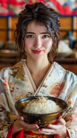 Smiling Young Woman in Traditional Kimono Holding a Bowl of Rice in a Rustic Japanese Setting AI Generativeの素材