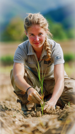 Young Female Farmer Planting Seedlings in Soil on a Sunny Farm Field with Mountains in the Background AI Generativeの素材