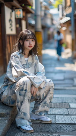Young Woman in Stylish Outfit Sitting on Urban Street with Traditional Architecture in the Background AI Generativeの素材