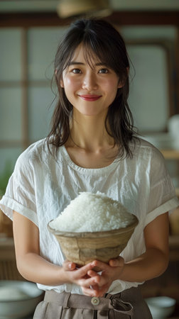 Smiling Young Woman in Casual Wear Holding a Bowl of Rice in Homely Kitchen Setting AI Generativeの素材