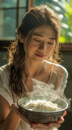Young Woman Enjoying Aroma of Freshly Cooked Rice Bowl in Sunlit Room AI Generativeの素材