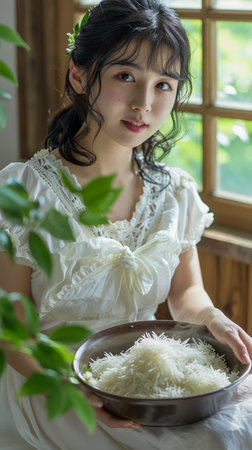 Young Asian Woman Smiling Gently While Holding a Bowl of Uncooked Rice Beside a Sunny Window, Natural Light Setting with Greenery AI Generativeの素材